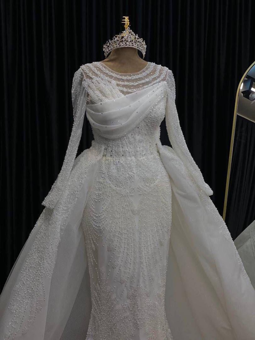 2 in 1 Elegant White Beaded Long-Sleeve Bridal Gown with Drape Detailing